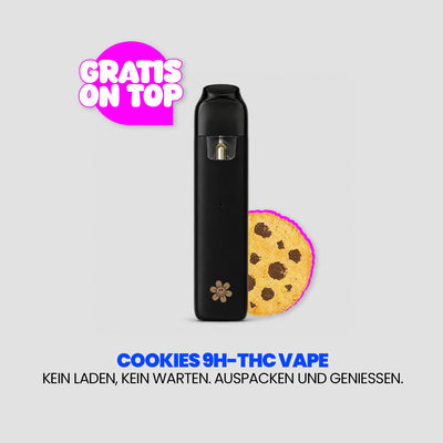 Diseño publicitario para «Cookies 9H-THC Vape». En el centro aparece un vaporizador negro delante del símbolo de una galleta; en la esquina superior izquierda, dentro de un bocadillo rosa, se lee «Gratis on top». Debajo, el eslogan: «Sin tener que ir a la tienda, sin esperas. Desempaquetar y disfrutar».