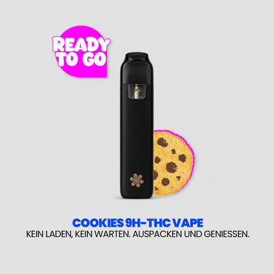 Imagen publicitaria de «Cookies 9H-THC Vape». En el centro aparece un vaporizador negro delante del símbolo de una galleta; en la esquina superior izquierda, dentro de un bocadillo rosa, se lee «Ready To Go». Debajo, el eslogan: «Sin recargas, sin esperas. Desempaquetar y disfrutar».