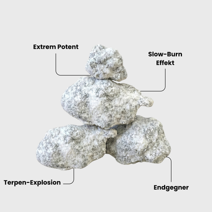 Happyflower Moonrocks THC im Glasbehälter – Premium Cannabis Blüten mit 50% THC Gehalt, ummantelt in Kief und Öl.